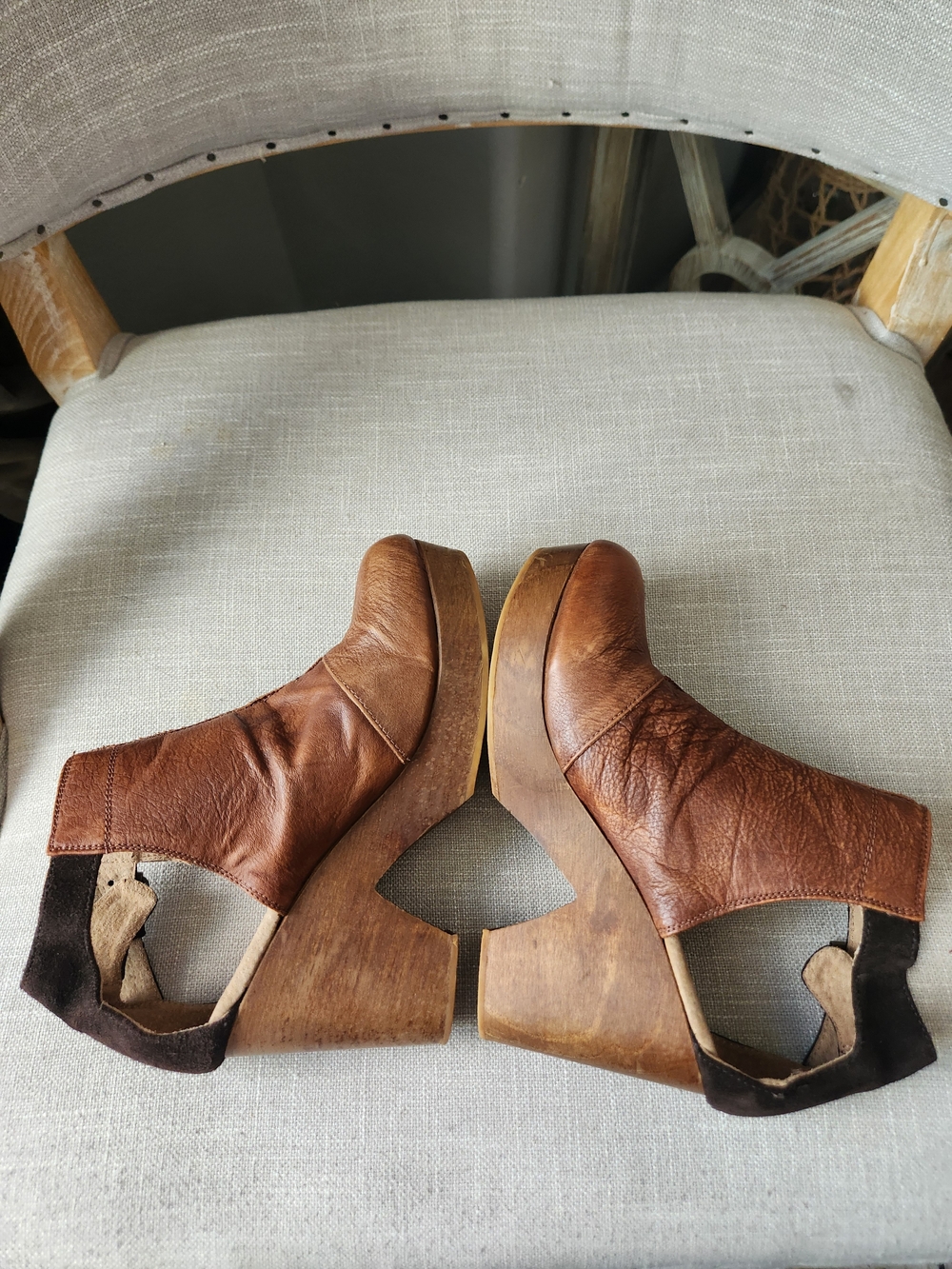 Free People Brown Leather Clogs Chunky Heel Suede Ankle Bootie 7.5 Amber Orchard - Picture 7 of 11